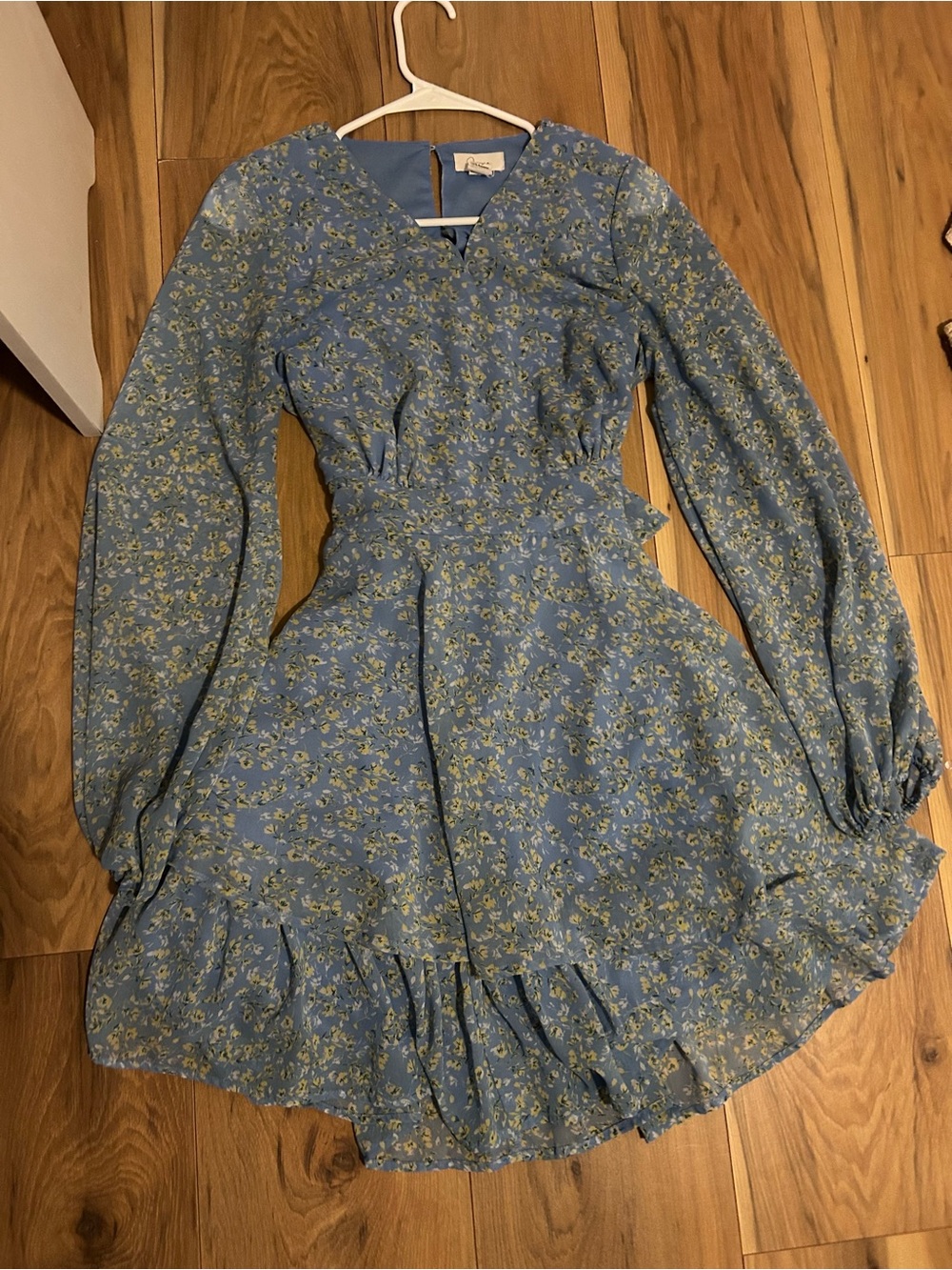 Blue Floral Long-Sleeve Casual Dress by
